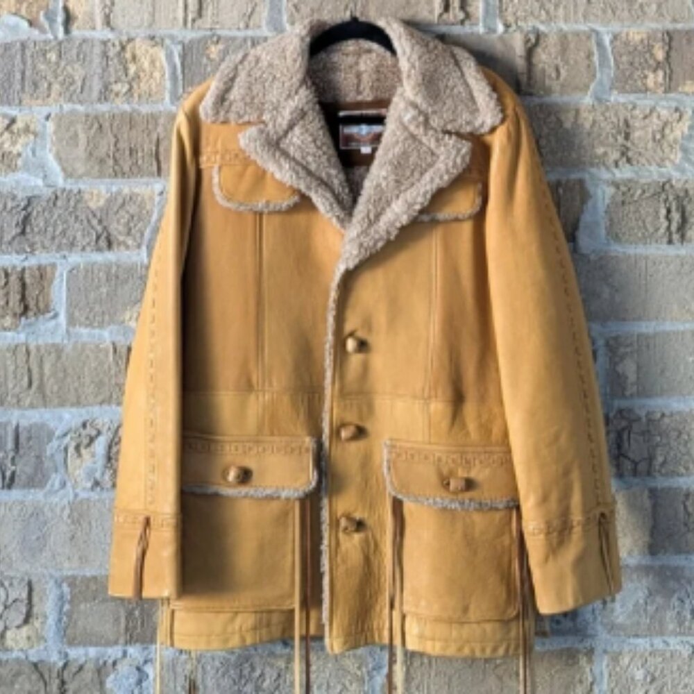 VTG 70s Pioneer Wear Western Cowboy Leather Winter Jacket Shearling Lined